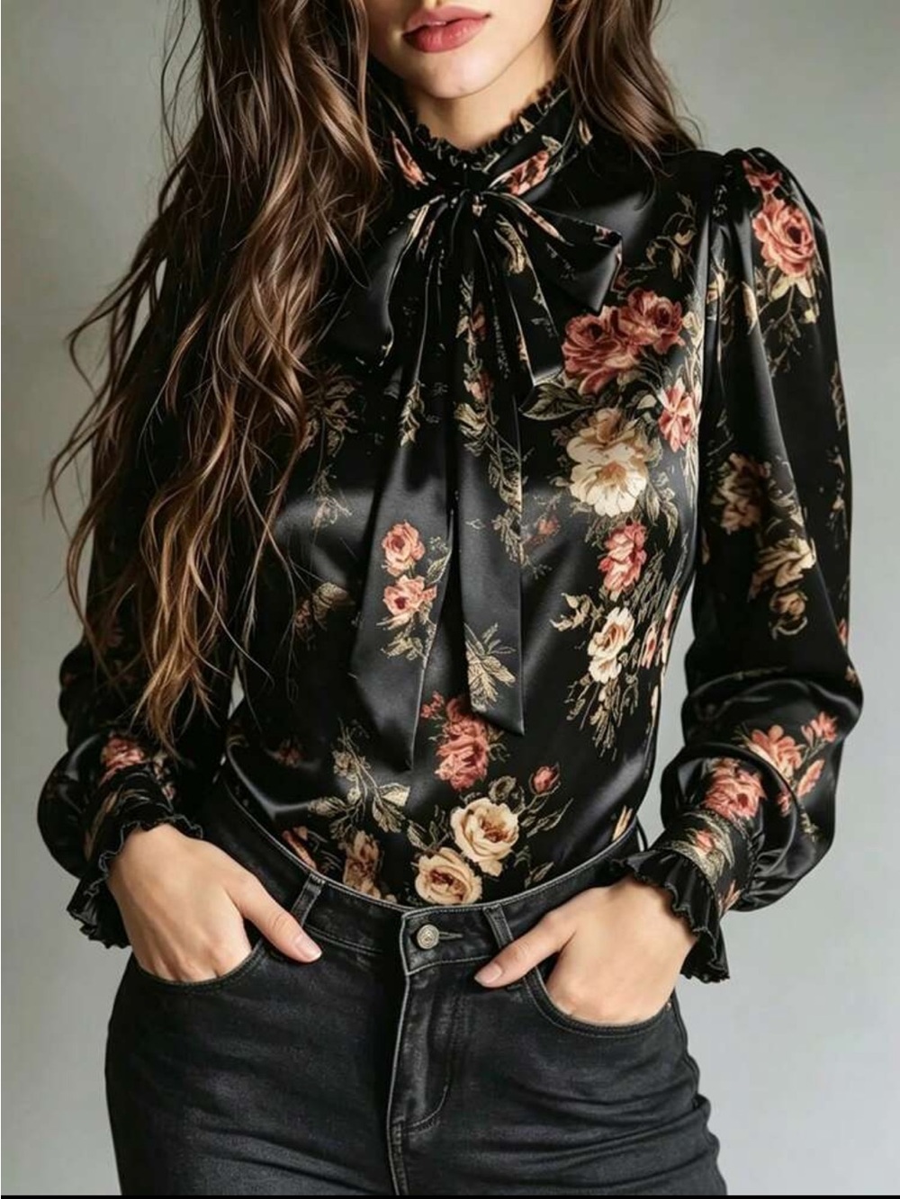 Elegant Satin Floral Print Ruffle Collar Tie Neck Long Top Shirt Blouse